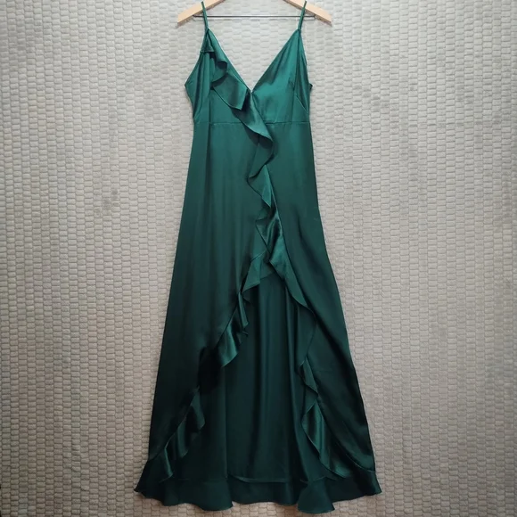 12th Tribe Green Satin Ruffle Maxi Dress High Slit-Medium - Picture 3 of 15